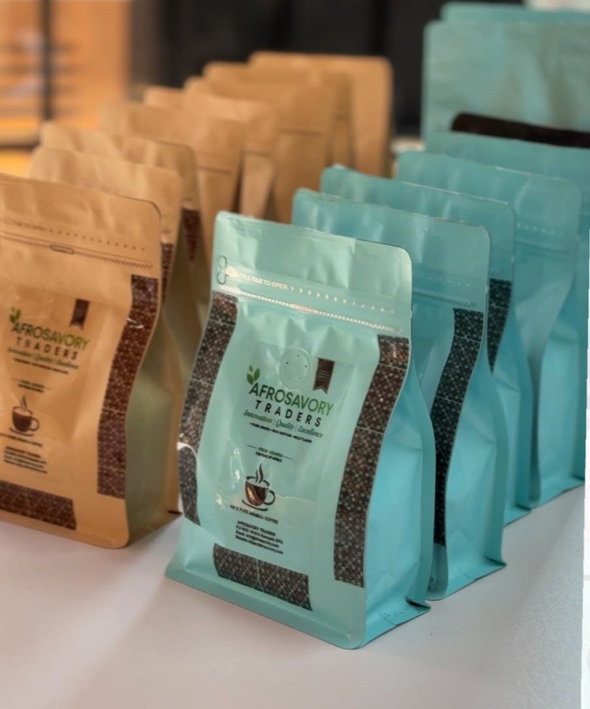 Afrosavory branded coffee packaging on display